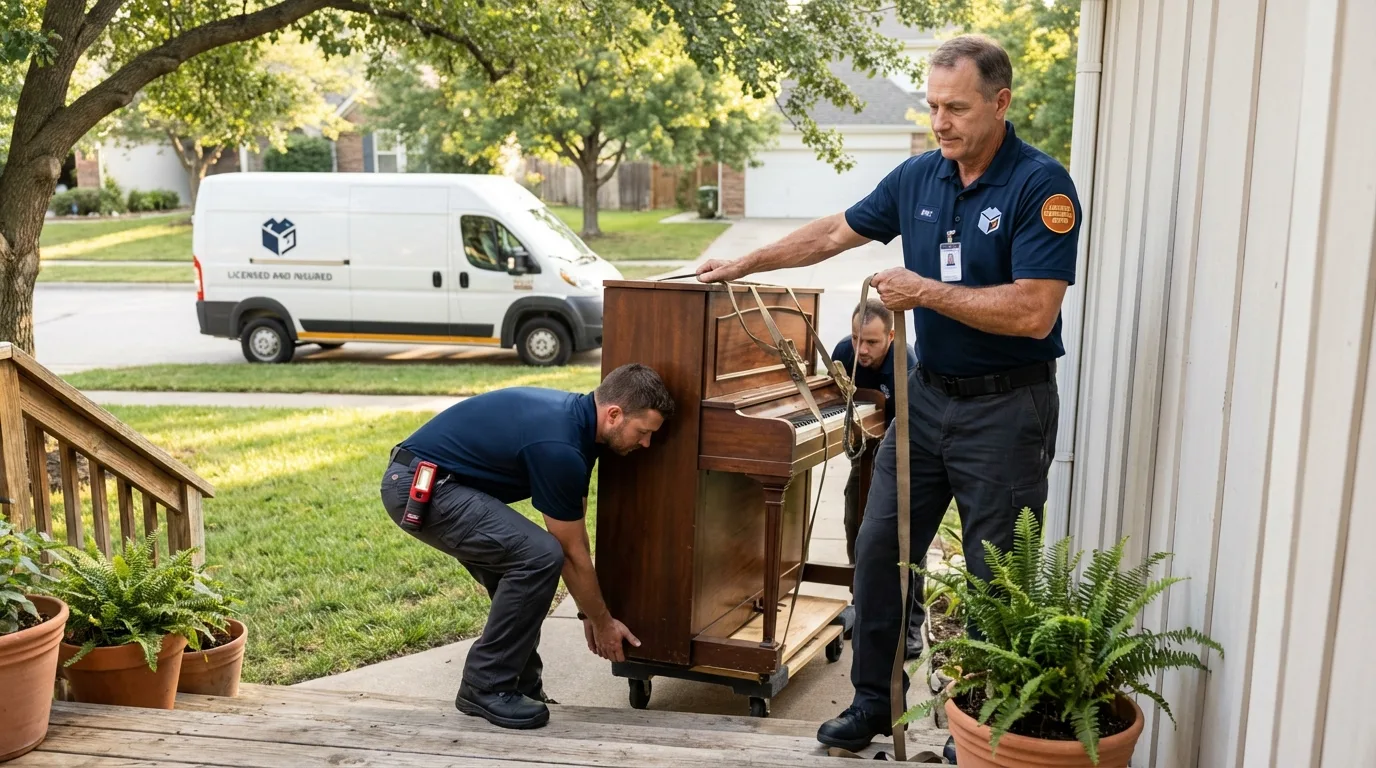 Licensed piano movers securing grand piano in Morganville, NJ