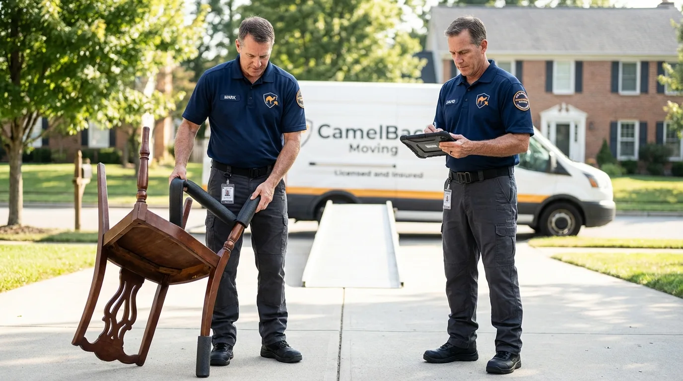 Movers inspecting furniture for damage prevention before loading in Morganville, NJ