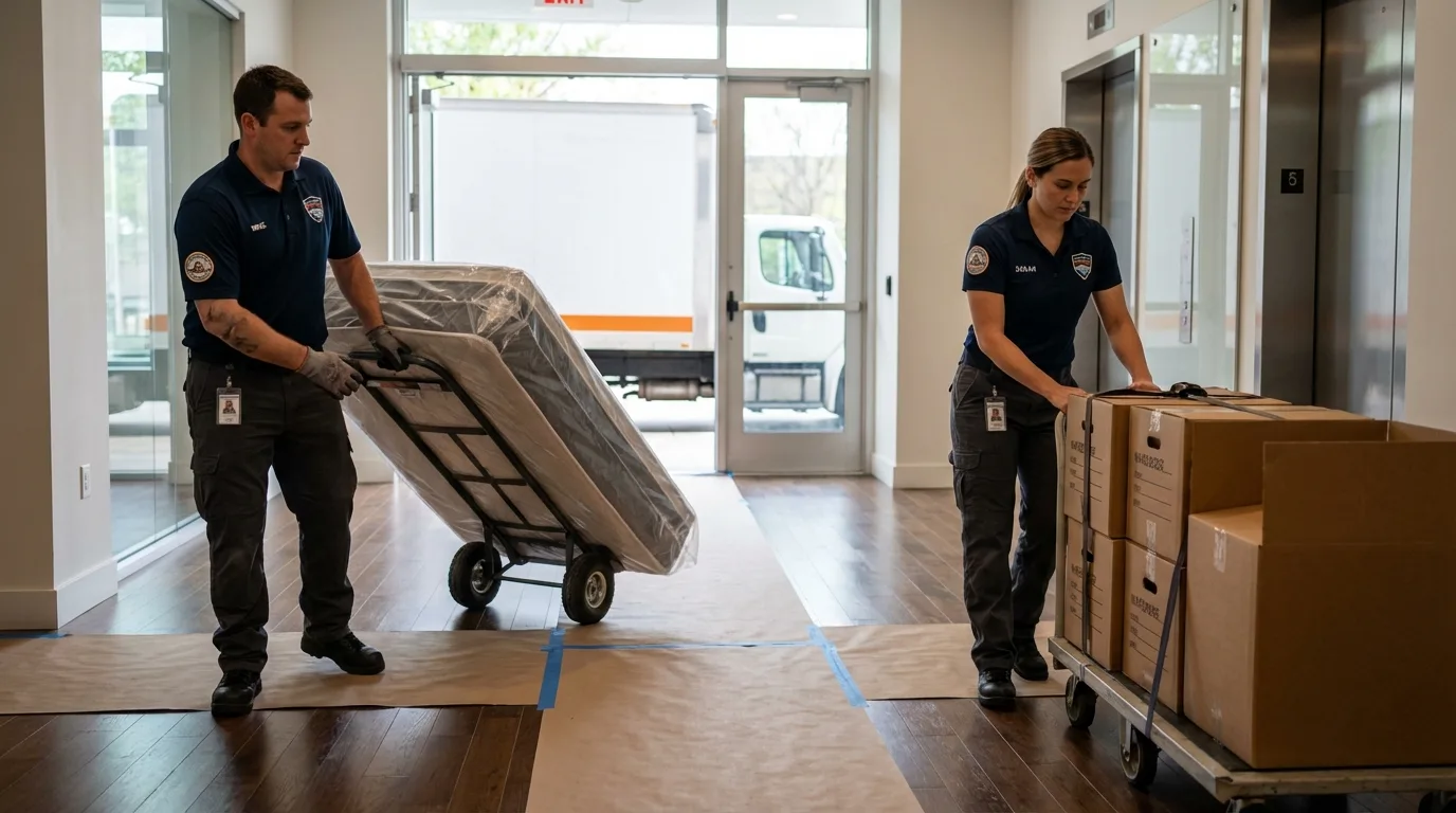 Professional apartment movers loading elevator in Morganville, NJ