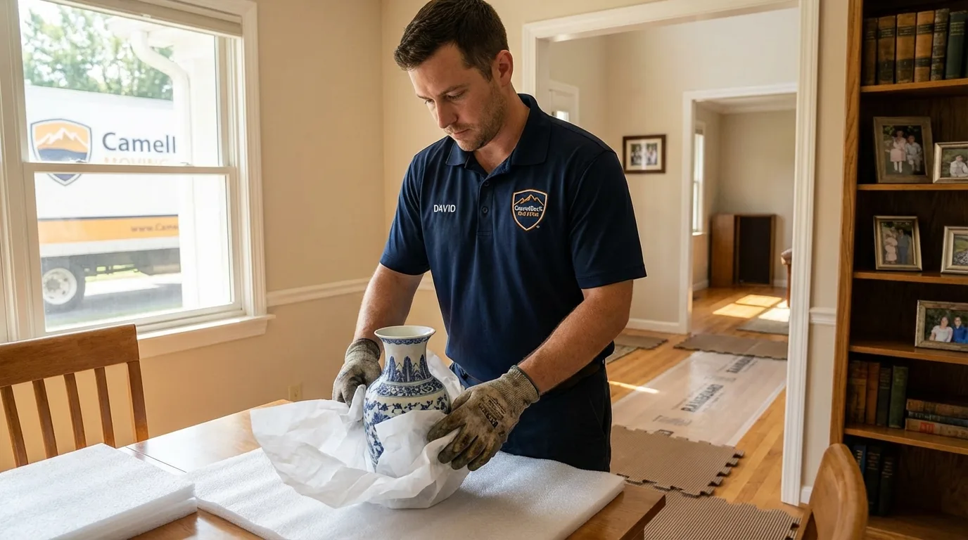 Professional crew carefully wrapping antique vase for senior downsizing move in Morganville, NJ