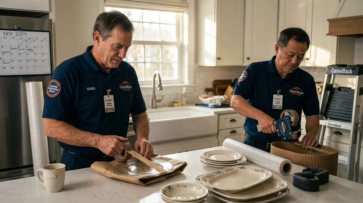 Professional crew packing kitchen dishware in Morganville, NJ
